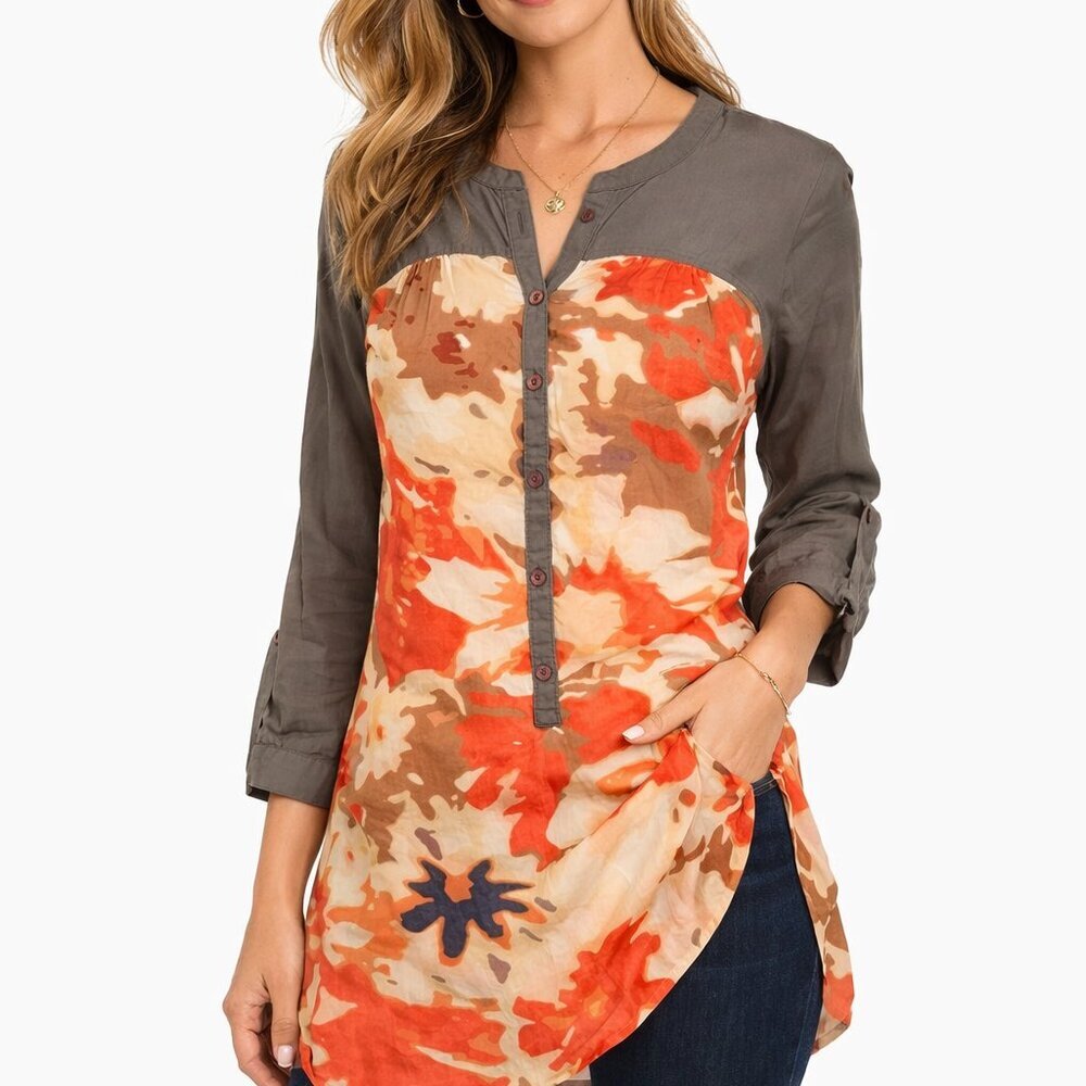 Anthro Odille Hanomi Tunic 4 Gray Floral Popover Blouse Boho